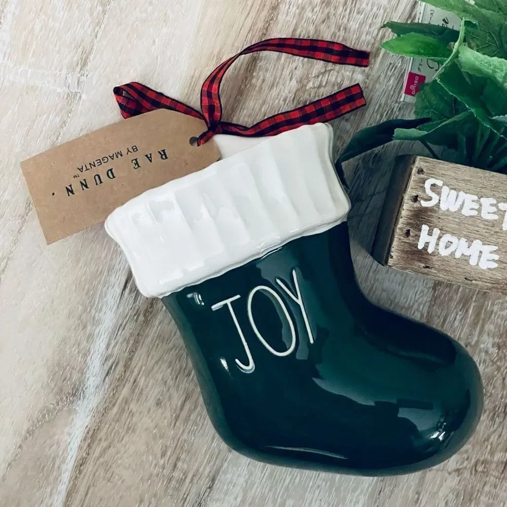 NWT Gorgeous Rae Dunn JOY Green Ceramic Christmas Santa Boot Bootie Stocking